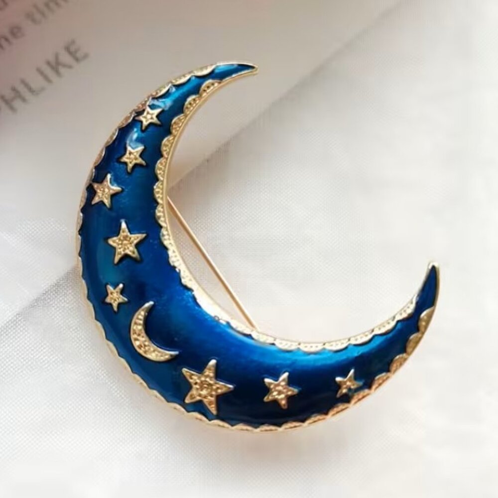 Blue Enamel Brooch Shaped Like a Cresent Moon & Stars Z330